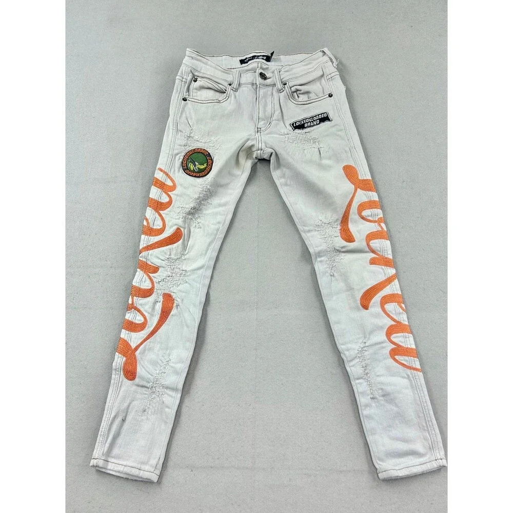 Locked & Loaded Mens Graphic Skinny Light Wash Jeans 28